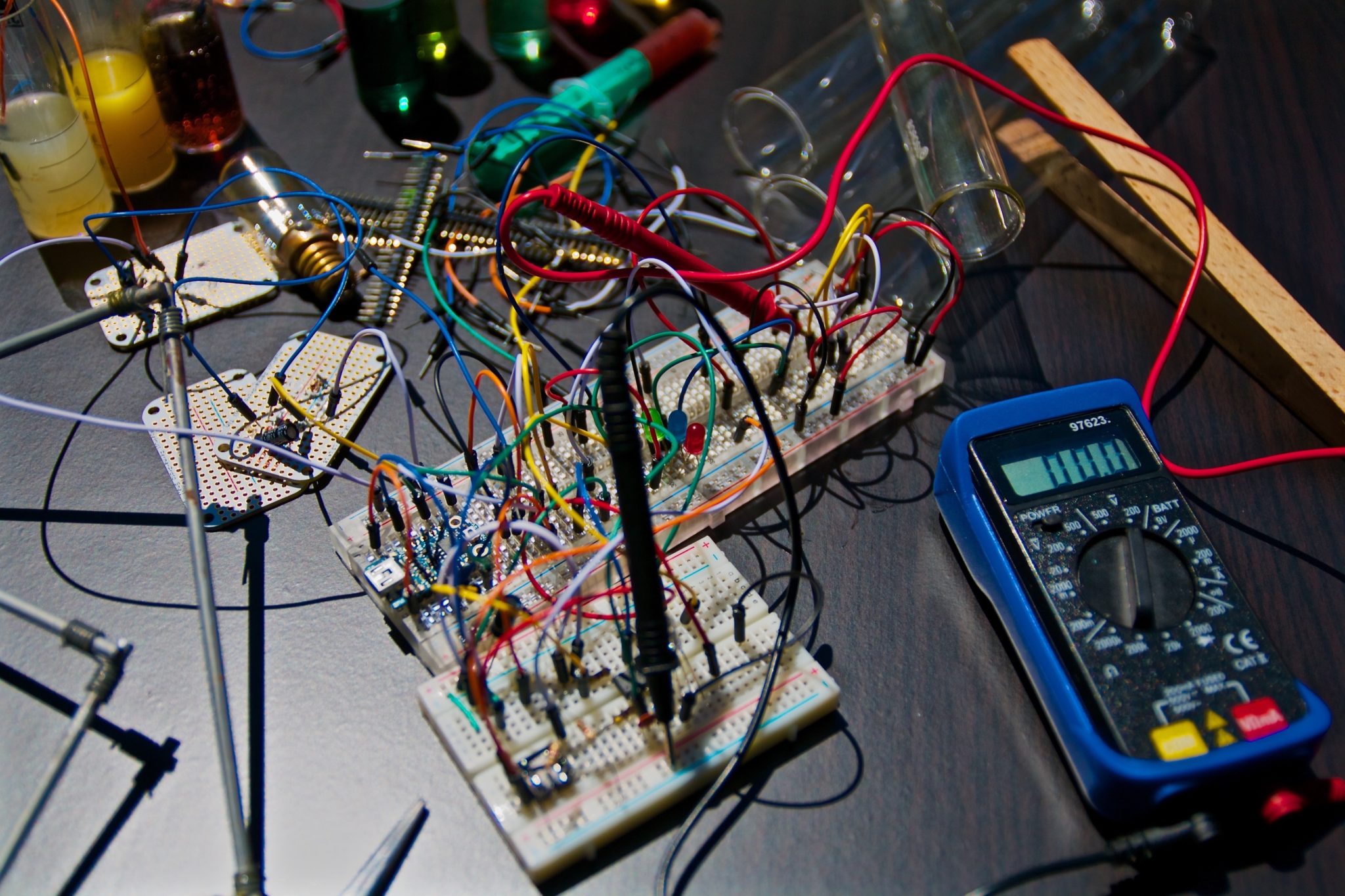 electronics wiring on table